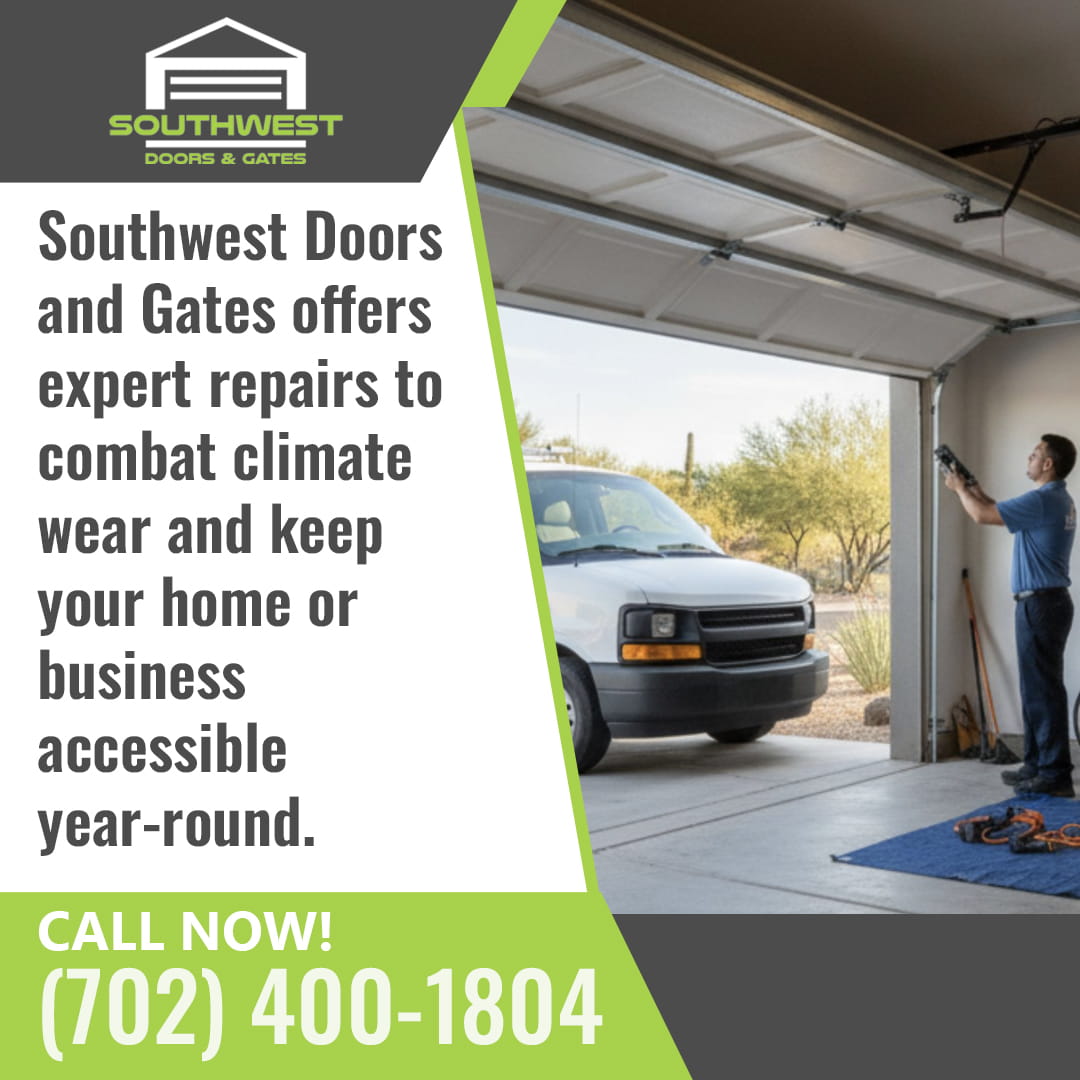 Technician repairing a residential garage door to prevent climate-related wear and ensure smooth operation