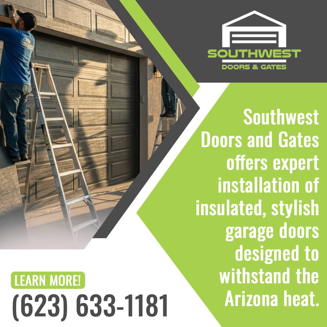 Technician installing an insulated garage door on a residential home, showcasing professional installation by Southwest Doors & Gates in Arizona.