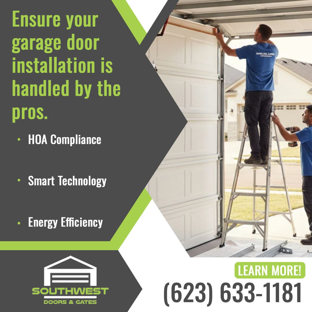 Technicians installing a residential garage door using ladders, demonstrating professional installation services by Southwest Doors & Gates.