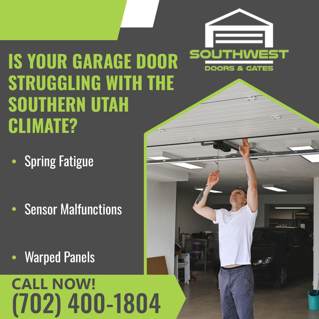 Garage door technician inspecting springs and sensors affected by Southern Utah climate conditions