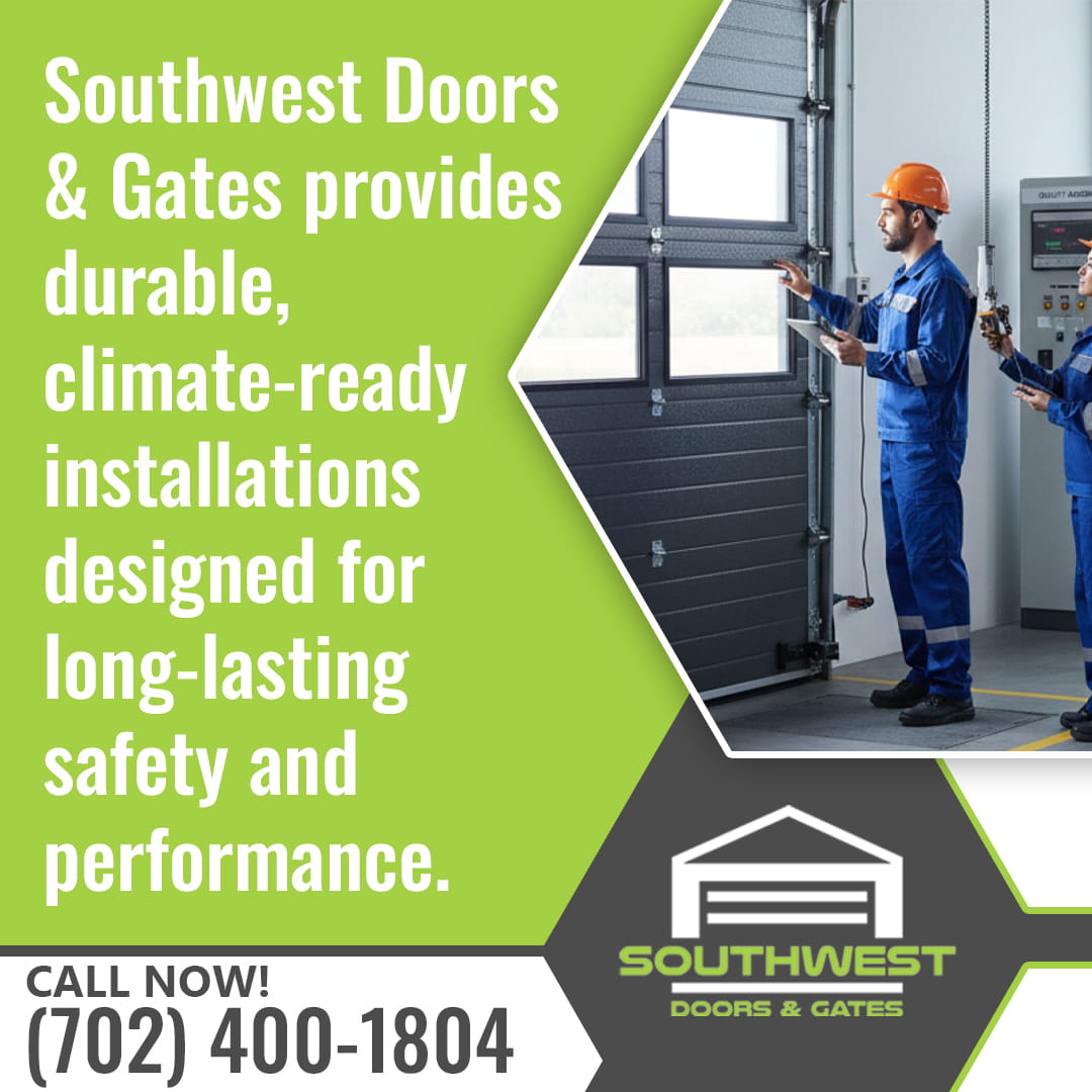 A worker in a blue uniform and orange hard hat adjusting controls on an electrical panel next to a closed gray garage door.