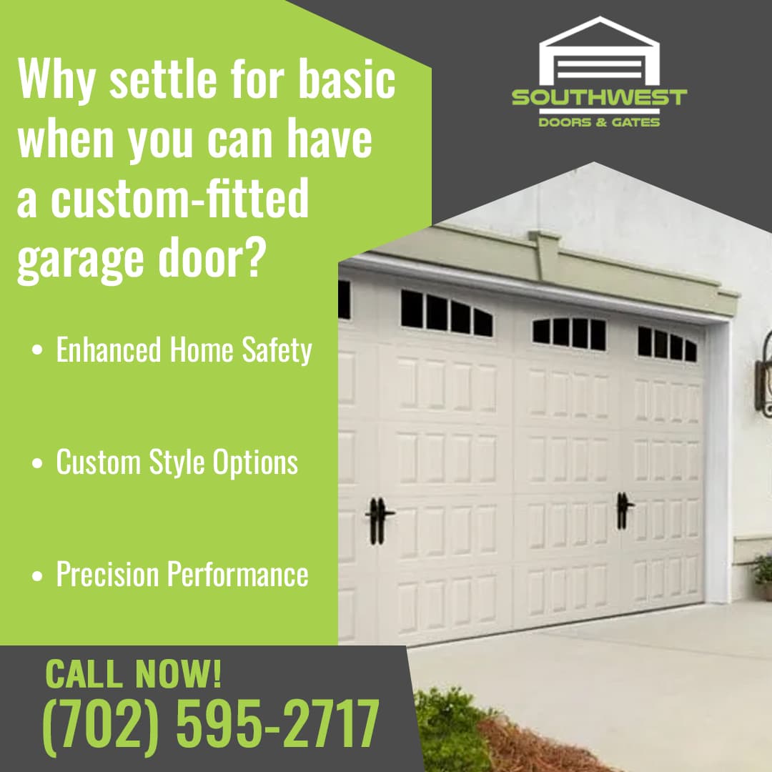 An advertisement for Southwest Doors & Gates featuring a white garage door with decorative hardware. 
