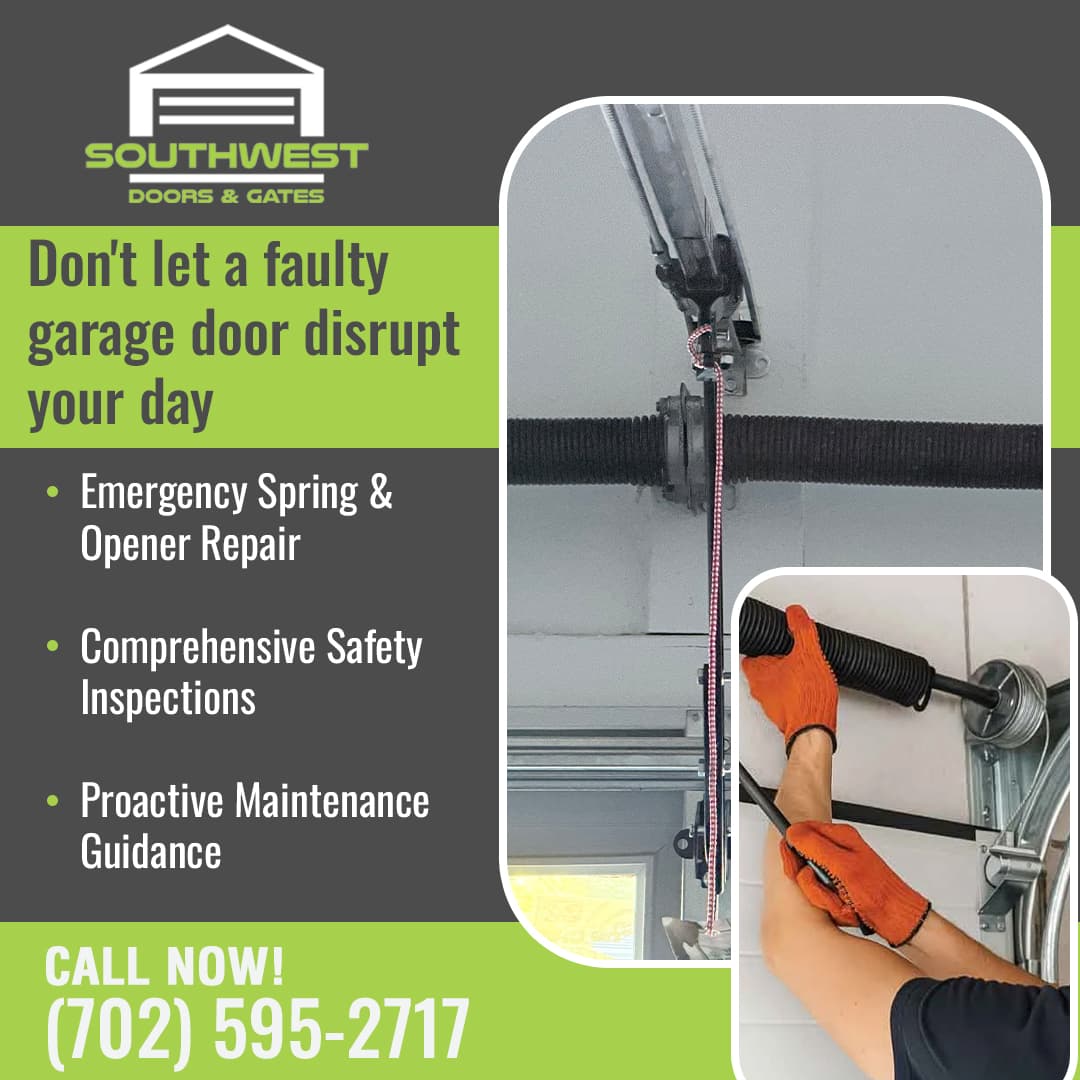 An advertisement for Southwest Doors & Gates featuring the internal mechanism of a garage door, highlighting emergency repairs, safety inspections, and proactive maintenance.