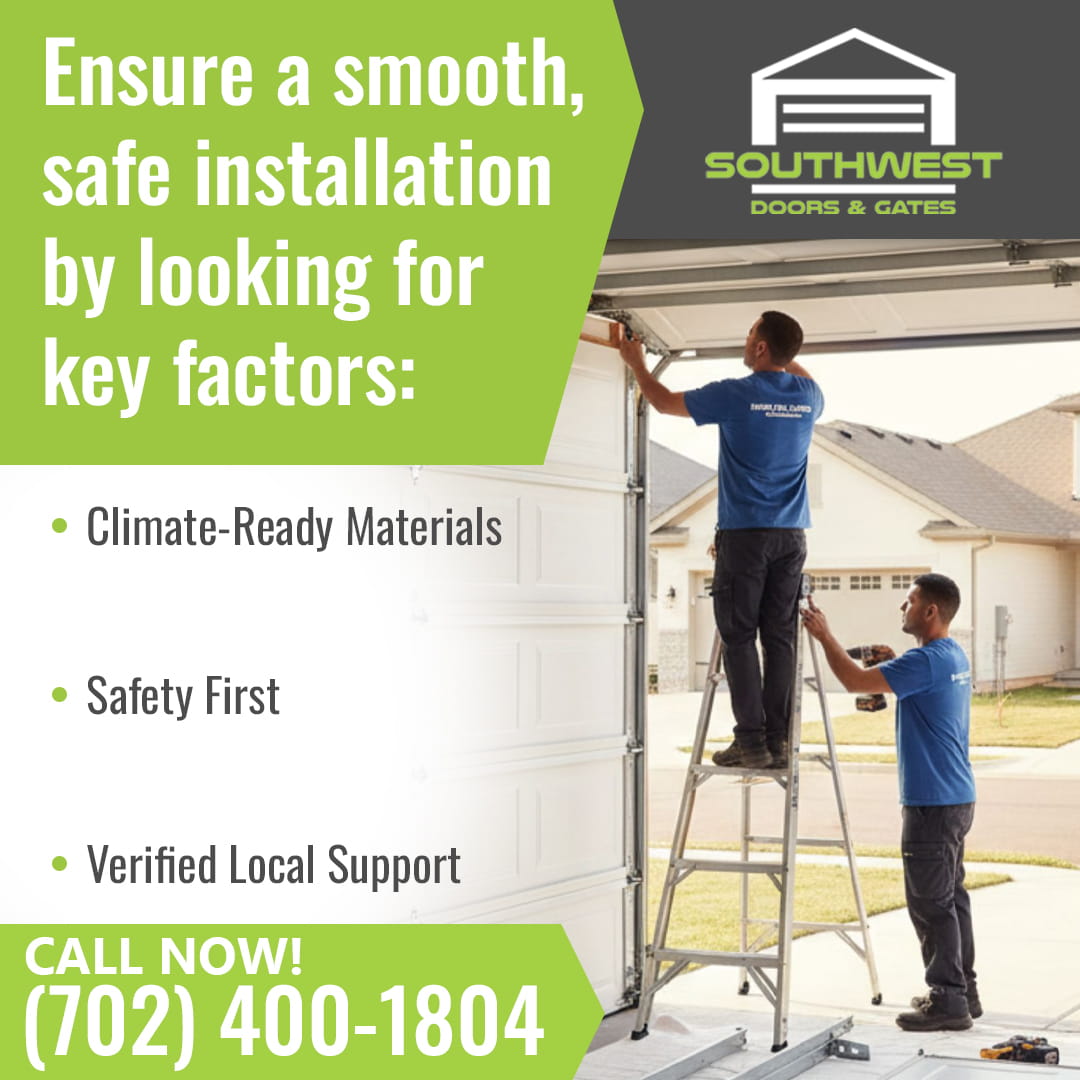 Two workers on a ladder installing a garage door, with text listing key factors for a smooth and safe installation.