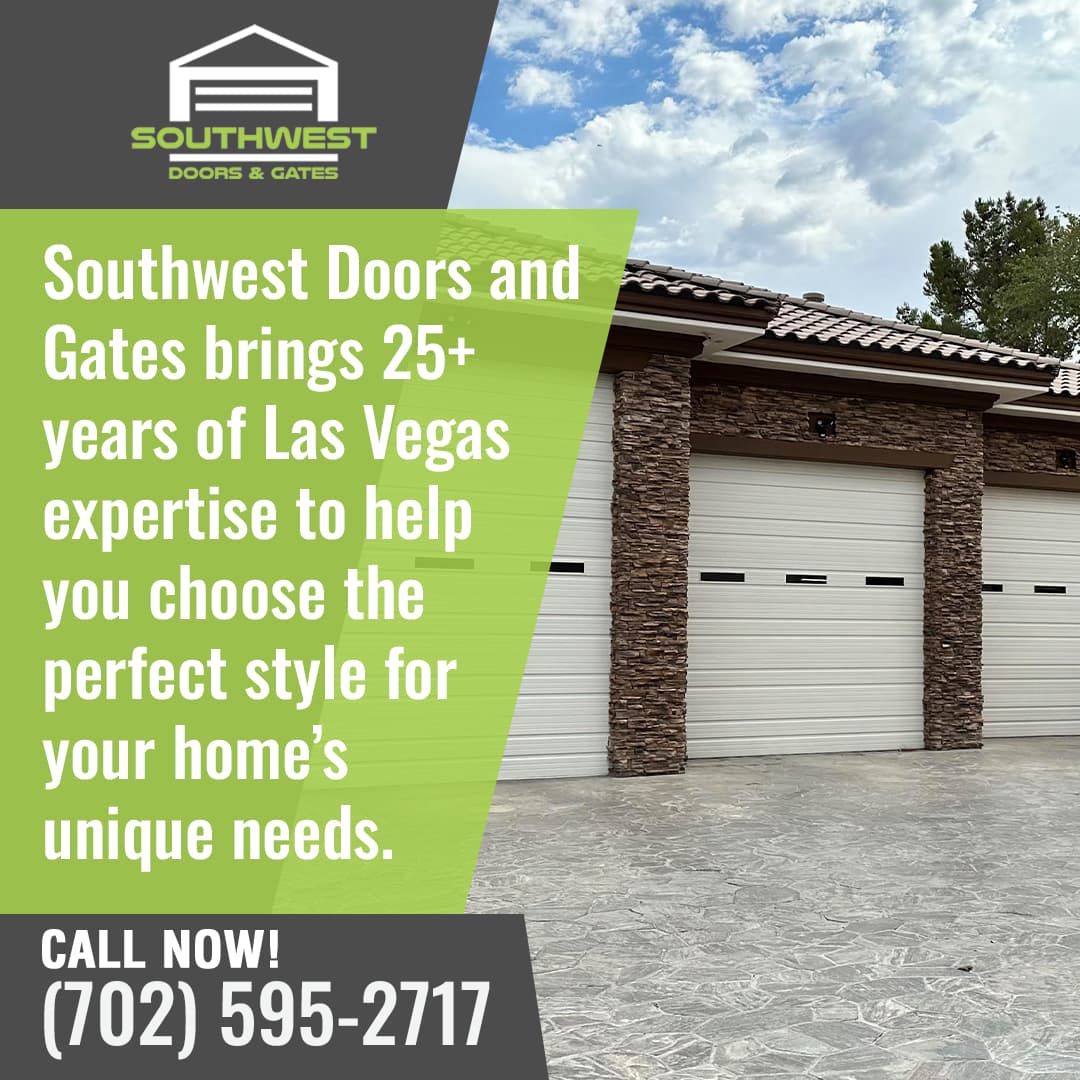An advertisement for Southwest Doors & Gates featuring a home with two matching white garage doors. 