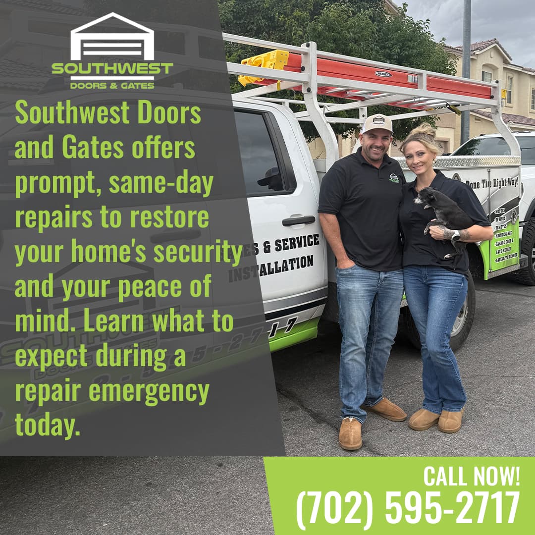 An advertisement for Southwest Doors & Gates featuring a technician holding garage door parts, standing in front of a work van.