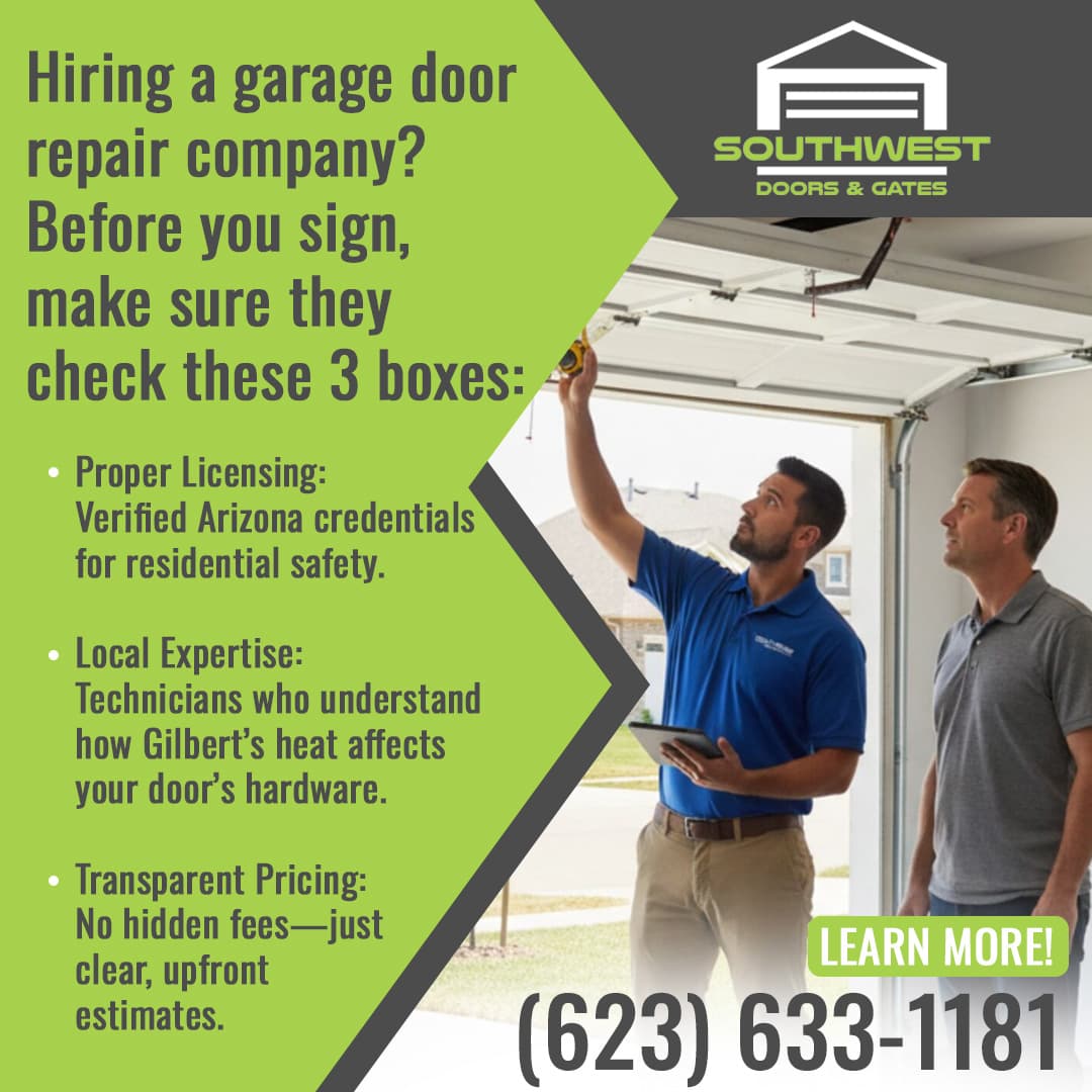 Garage door technician inspecting a residential garage door with a homeowner, alongside tips from Southwest Doors & Gates about licensing, local expertise, and transparent pricing in Gilbert, Arizona.