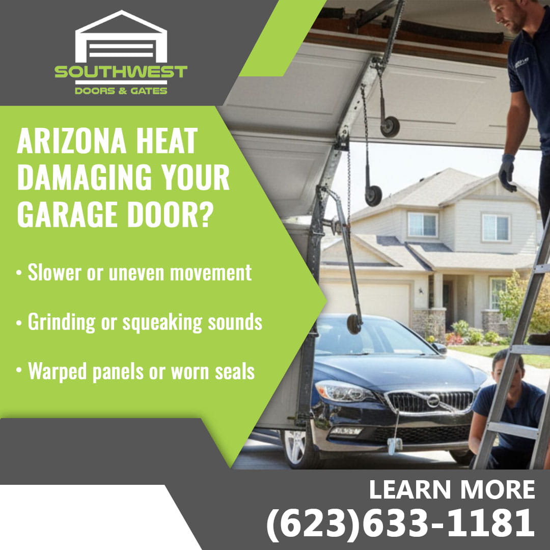 Technician repairing residential garage door affected by Arizona heat damage