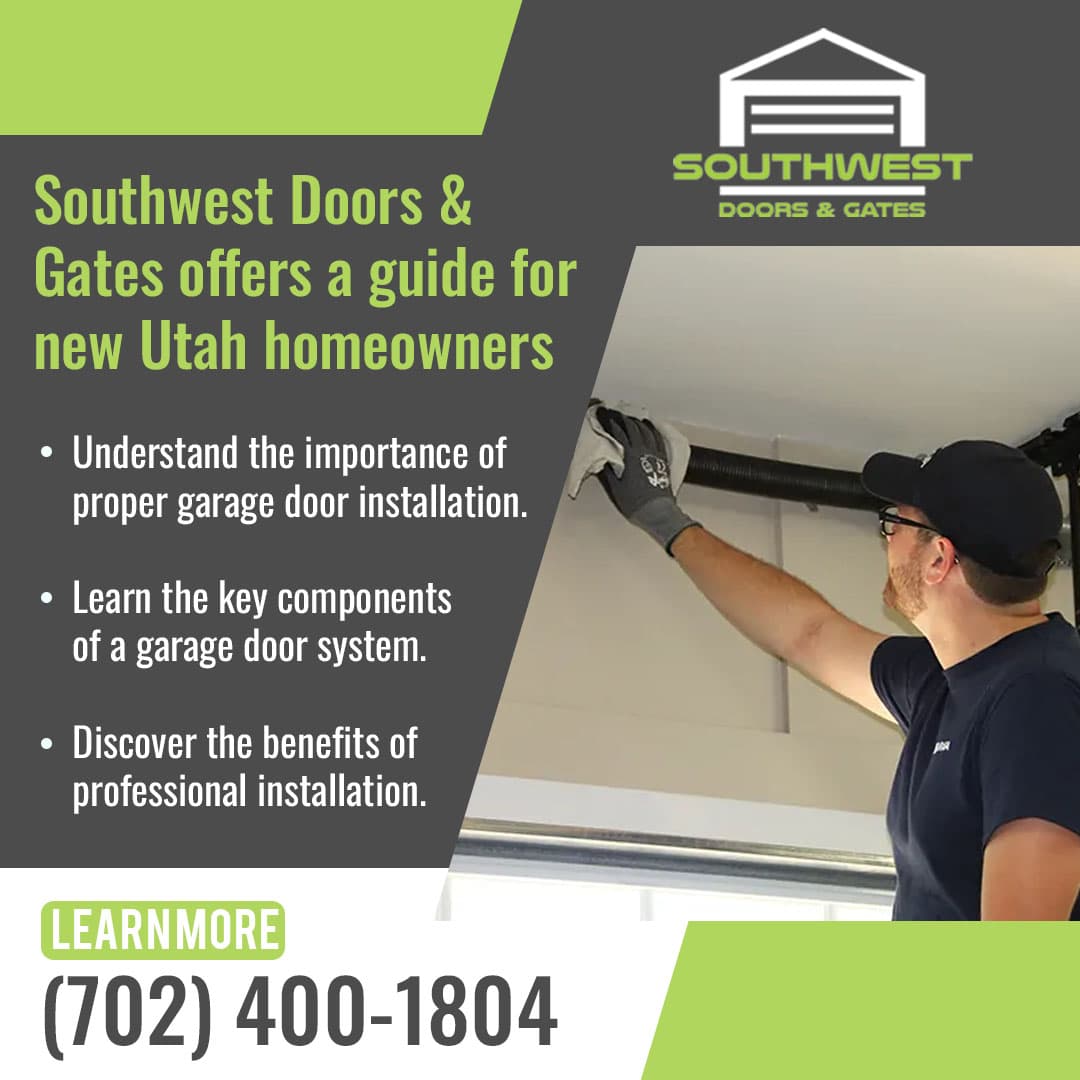 Technician inspecting a garage door spring system with promotional text from Southwest Doors & Gates about installation guidance.