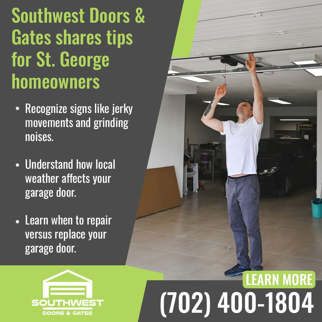 Homeowner inspecting an open garage door while promotional text shares maintenance and repair tips from Southwest Doors & Gates in St. George, Utah.