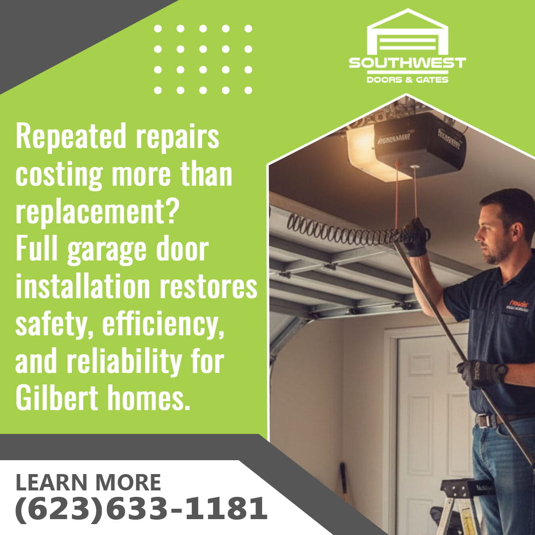 Technician repairing garage door spring and opener system in residential garage