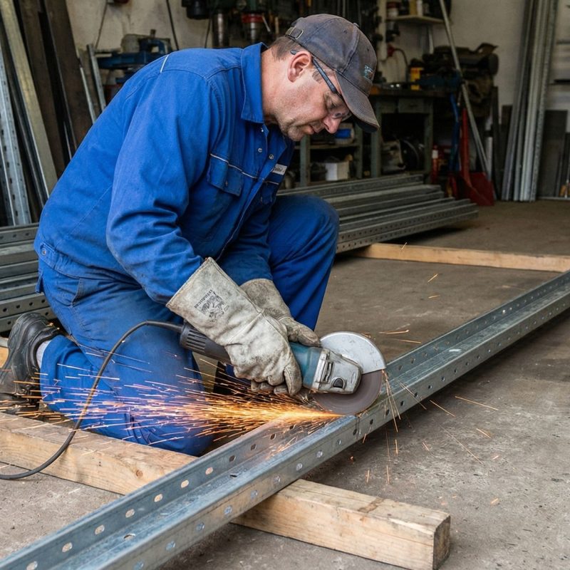 Technician cutting metal garage door track with angle grinder in workshop