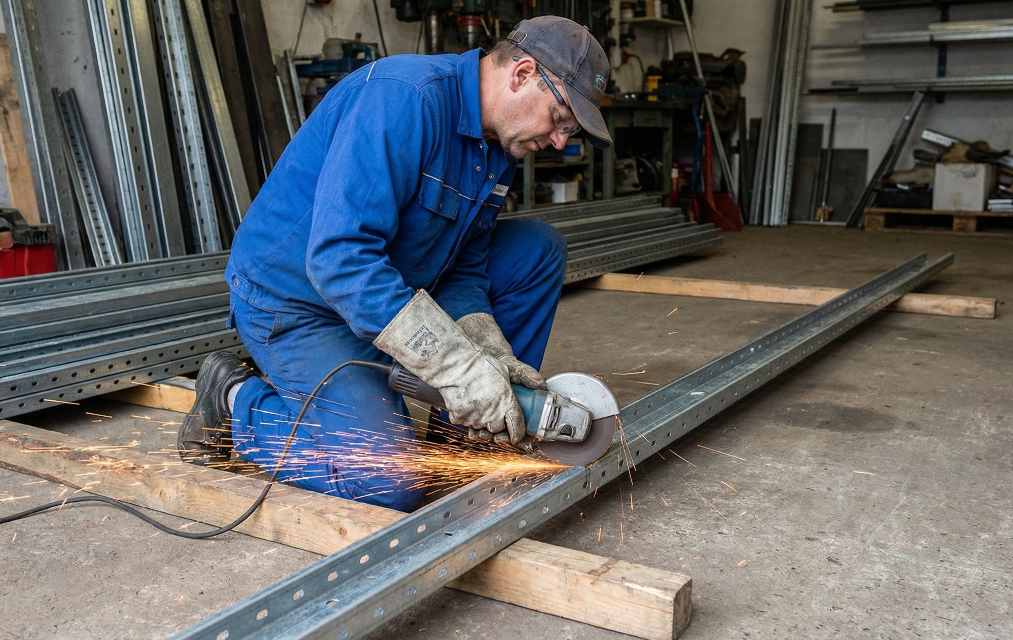 Technician cutting metal garage door track with angle grinder in workshop