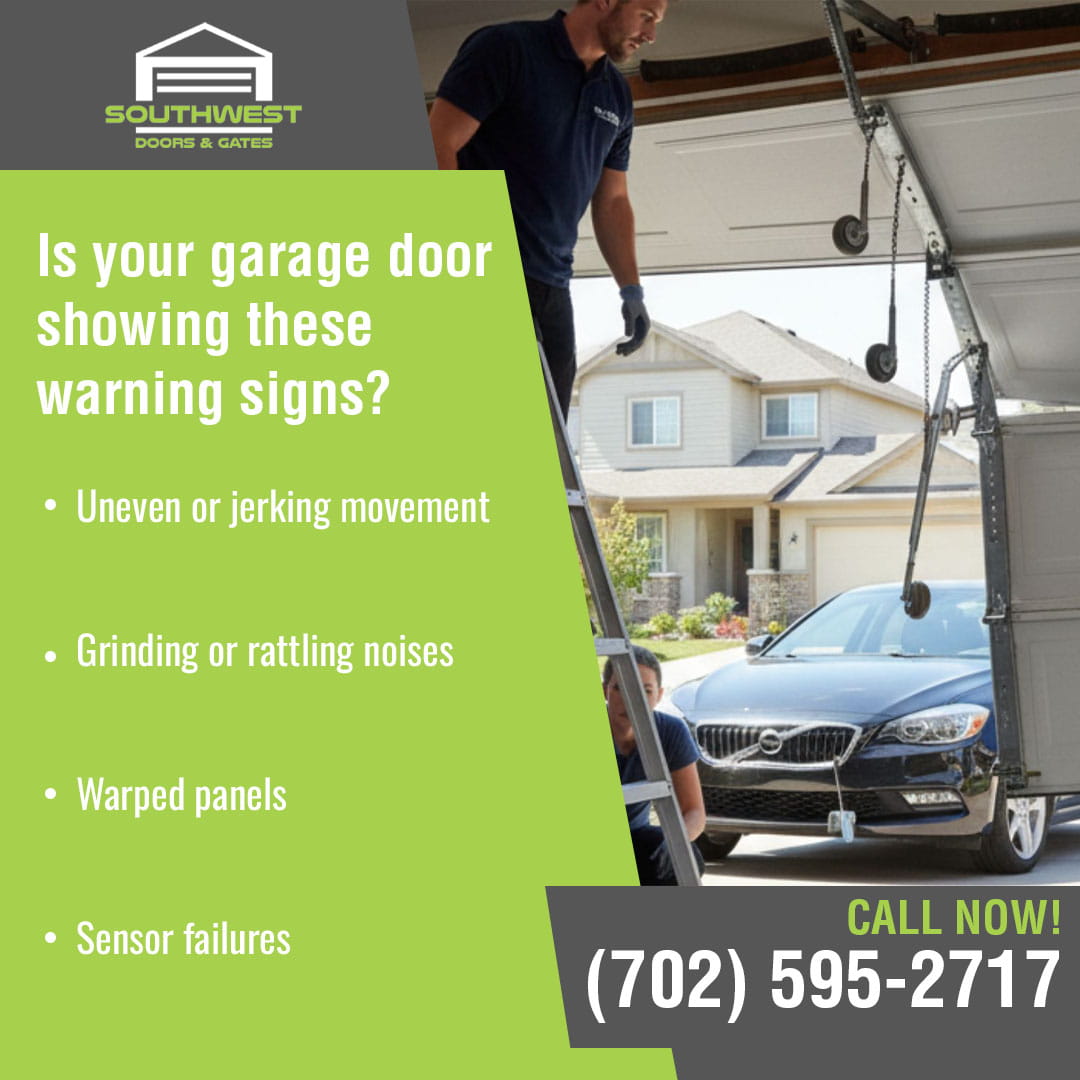 Technician inspecting residential garage door issues in Las Vegas.