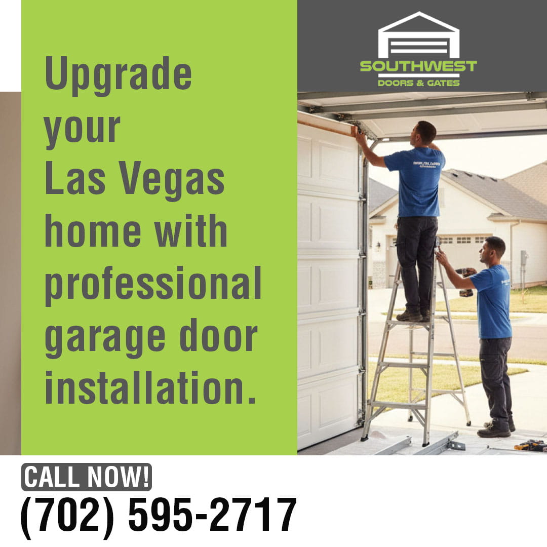 Technicians installing a new residential garage door in Las Vegas home.