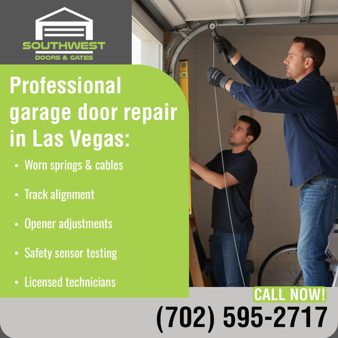 Technicians repairing garage door springs and cables in a Las Vegas home.