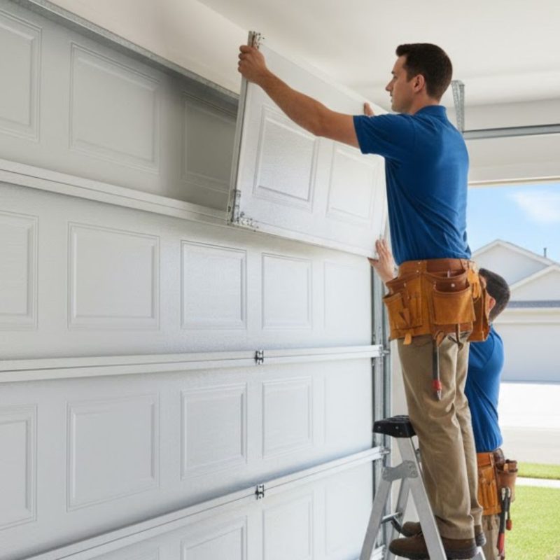 Technicians installing white sectional garage door panels in a residential garage