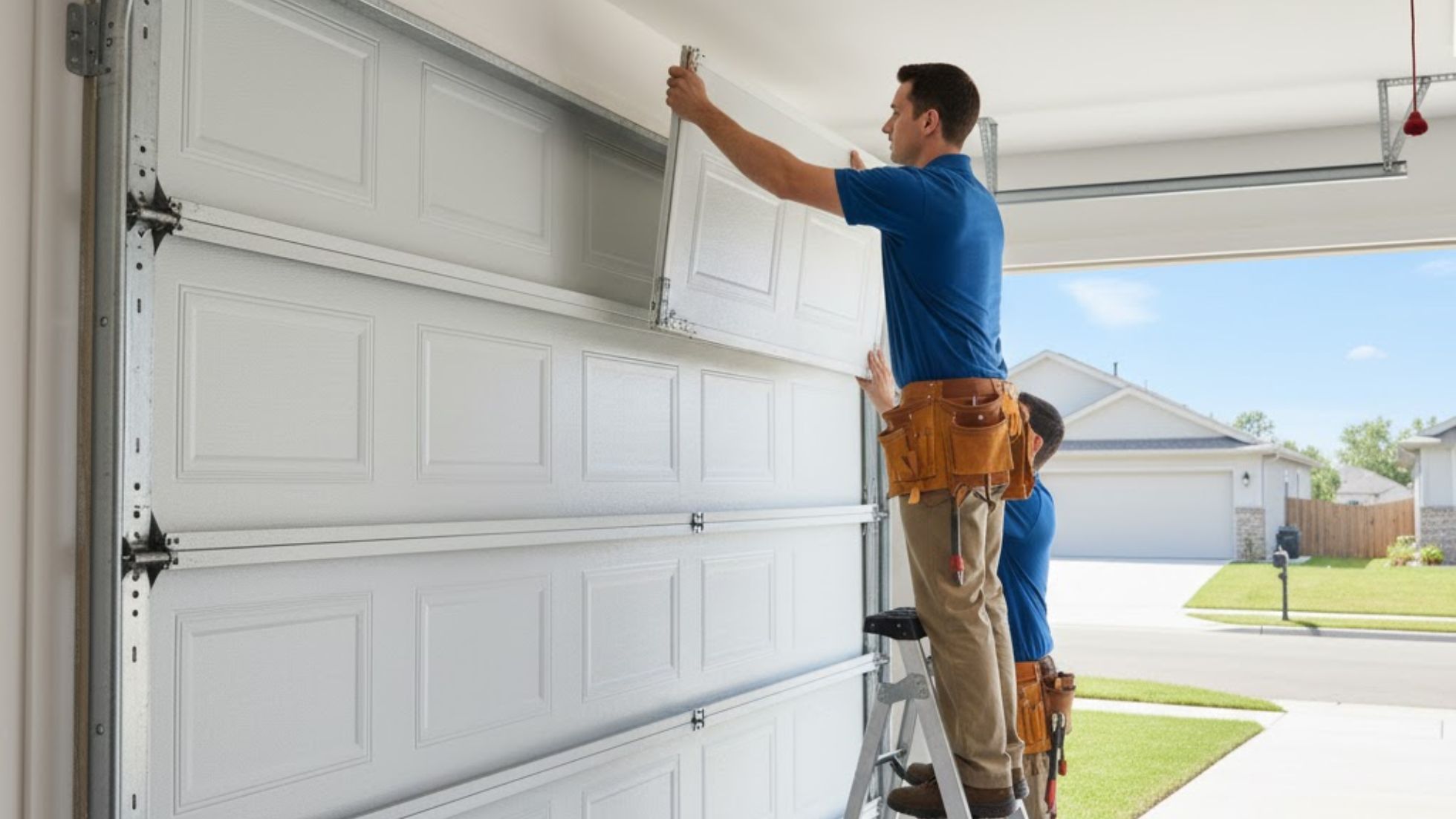 Technicians installing white sectional garage door panels in a residential garage