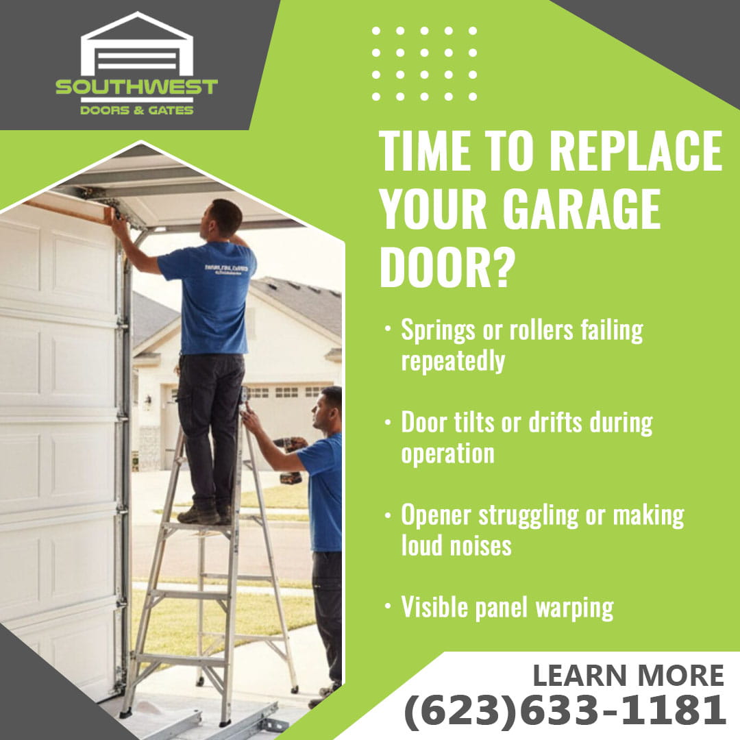 Garage door technicians repairing springs and rollers on residential garage door