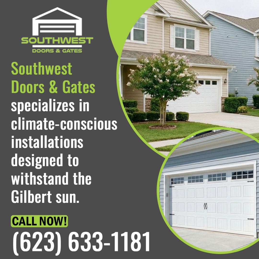 Residential homes with modern garage doors, highlighting climate-resistant installation services for durability in sunny conditions.