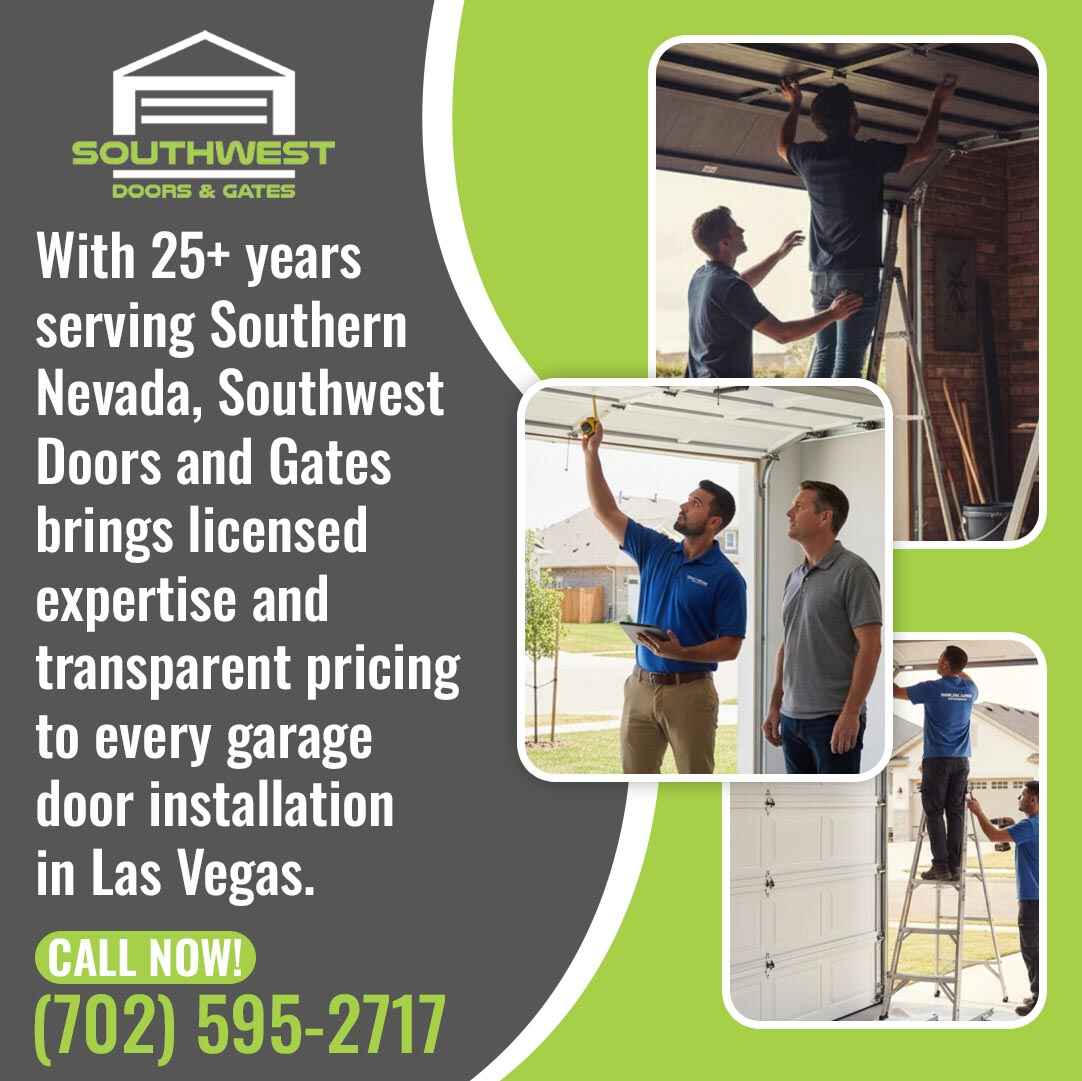 Two technicians in safety gear inspecting and adjusting a garage door system with control equipment.