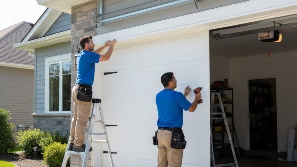 Two technicians installing a residential garage door, one on a ladder and the other using a drill near the door panel.