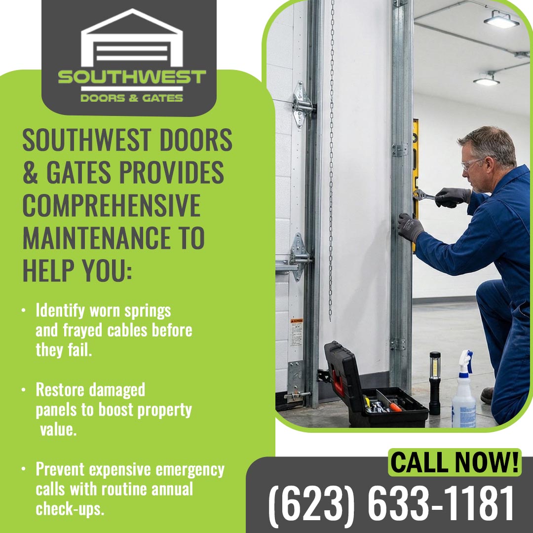Technician inspecting and adjusting garage door components with tools, focusing on maintenance and safety checks.