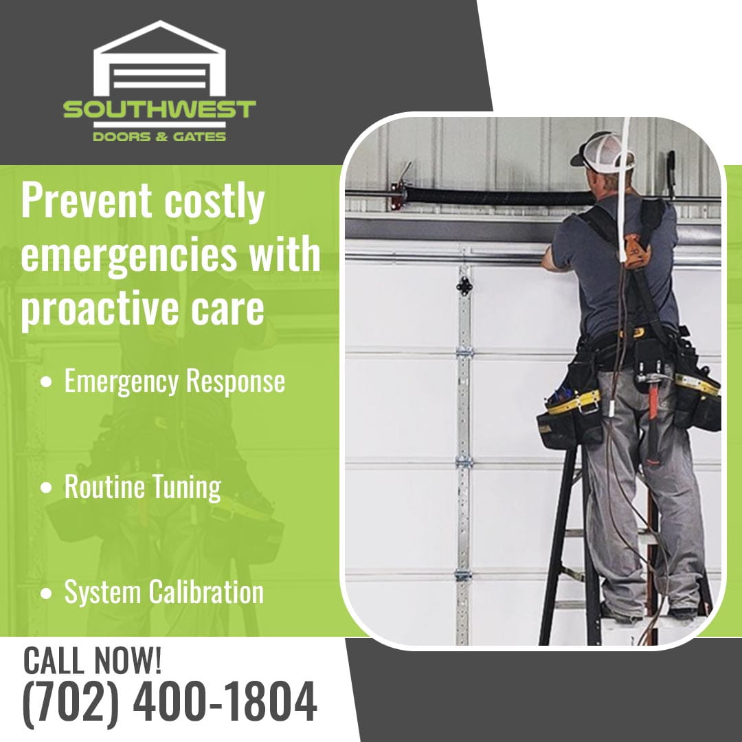 Technician on a ladder performing garage door maintenance and adjustments, promoting emergency response and routine tuning services.