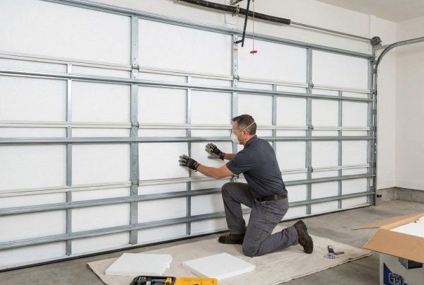 Technician installing or adjusting garage door panels inside a residential garage.
