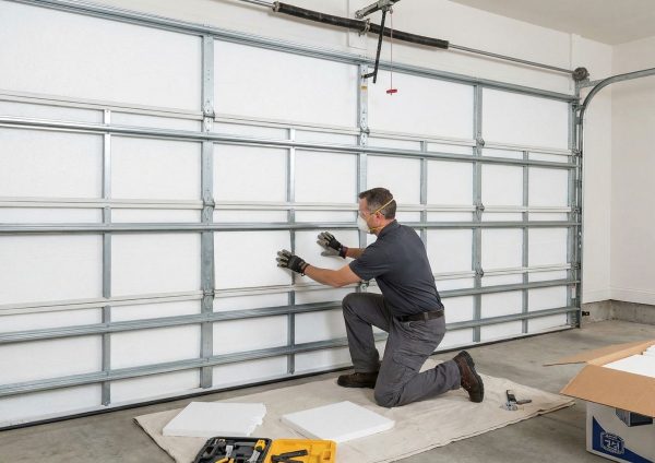 Technician installing or adjusting garage door panels inside a residential garage.