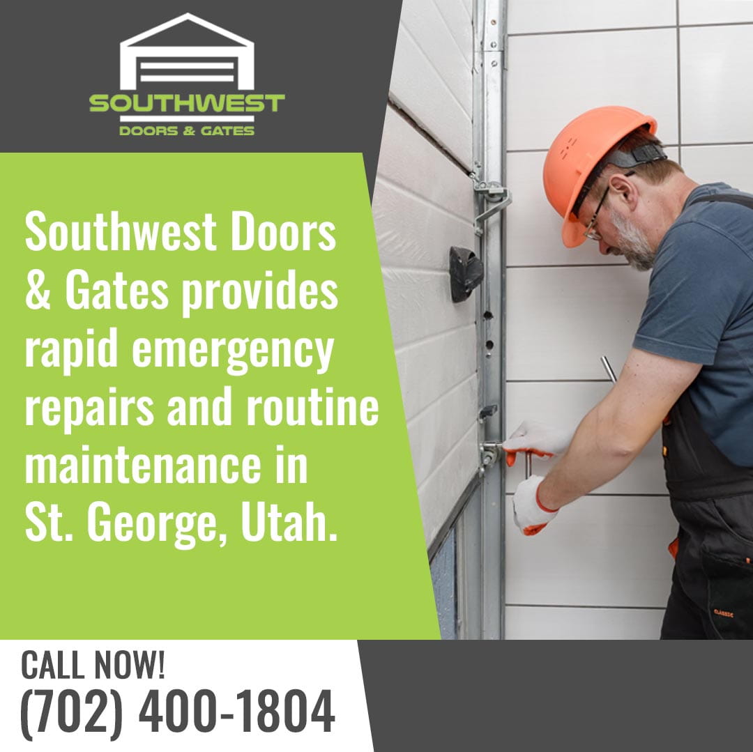 Technician repairing a garage door track with tools, promoting emergency repair and maintenance services in St. George, Utah.