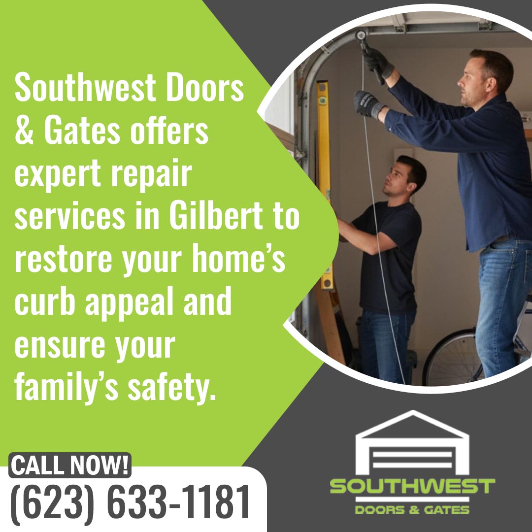 Two technicians repairing a garage door system, adjusting springs and components inside a residential garage.