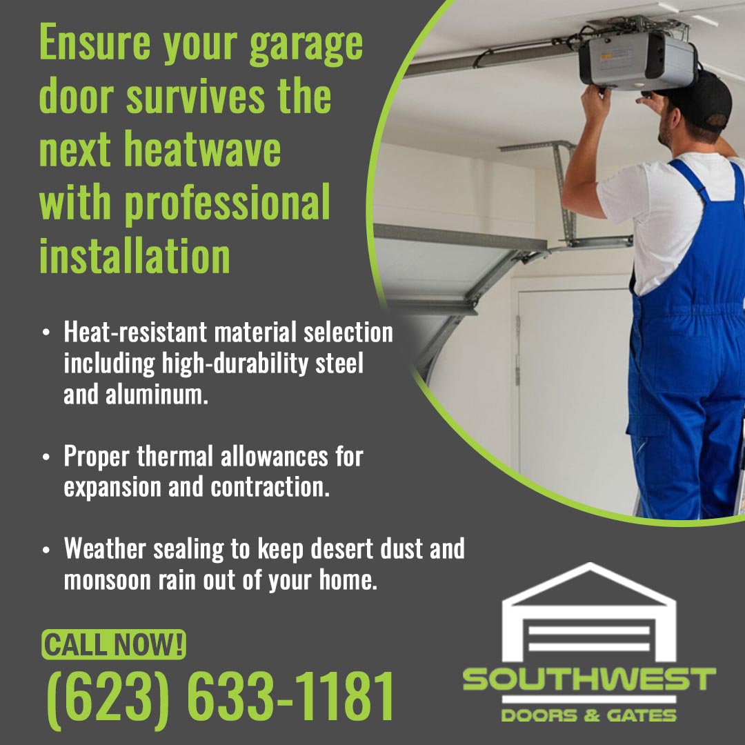 Technician installing a garage door opener system, promoting heat-resistant materials and weather sealing for durability.