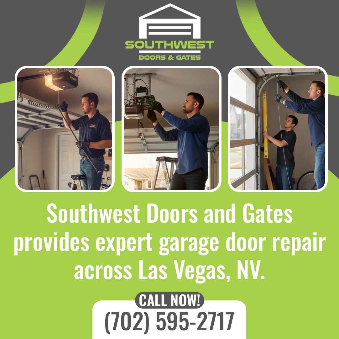 Technicians repairing and inspecting garage door systems, including opener and track adjustments, for residential service in Las Vegas.