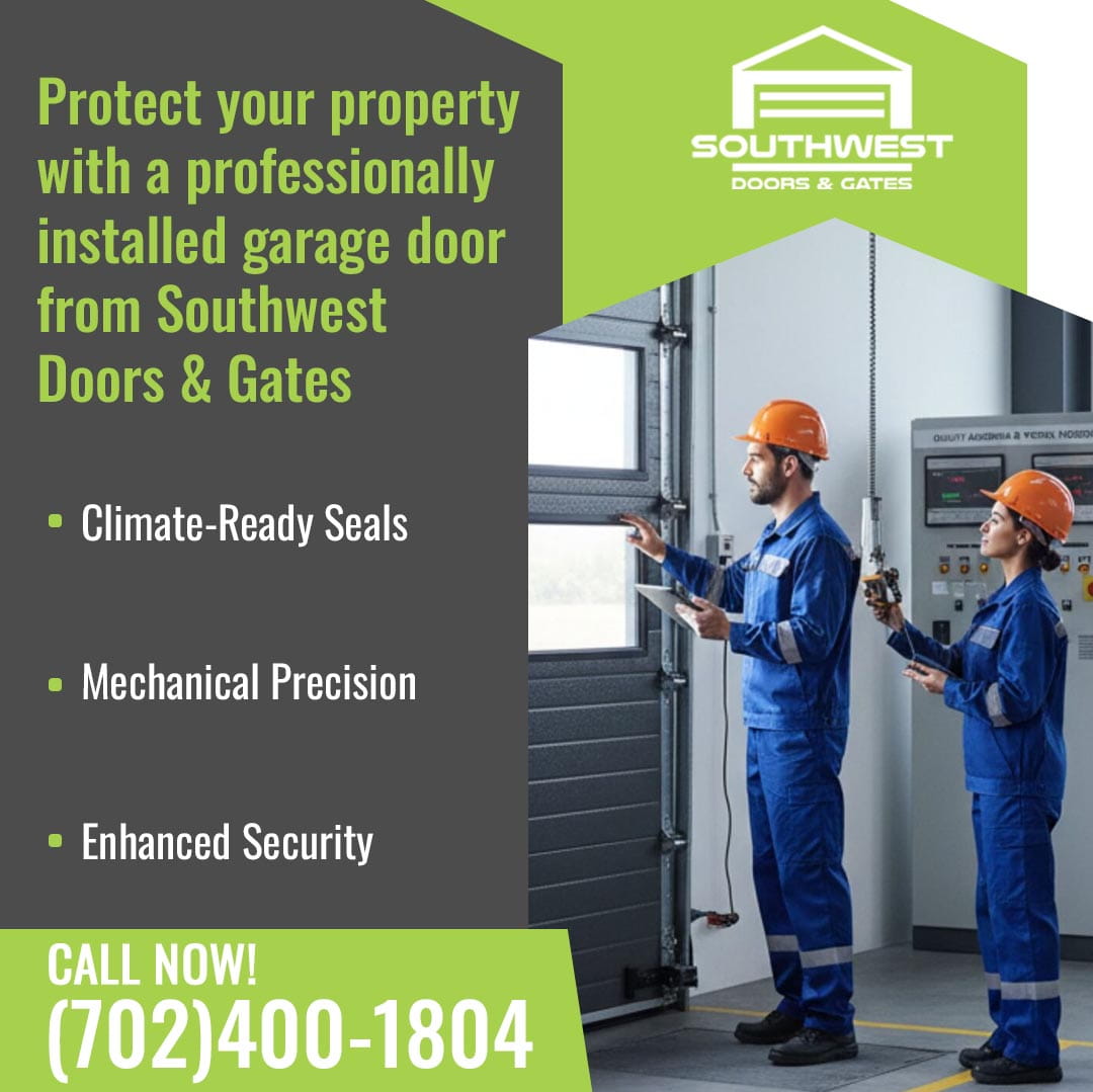 Two technicians inspecting and testing a newly installed garage door system in a commercial setting.