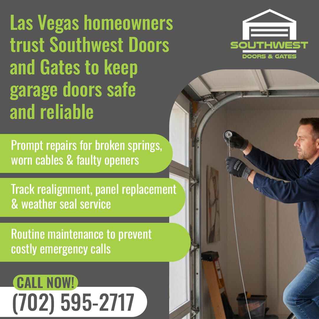 Technician adjusting a garage door cable and track system, highlighting repair and maintenance services for safe operation.