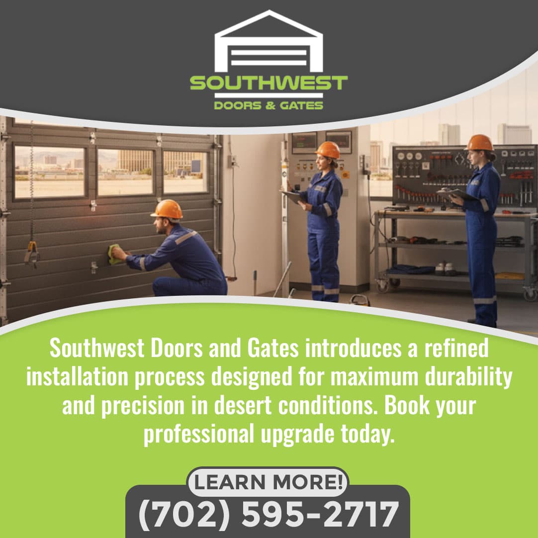 Technicians installing and inspecting a garage door system in a workshop, ensuring durability and precision for desert environments