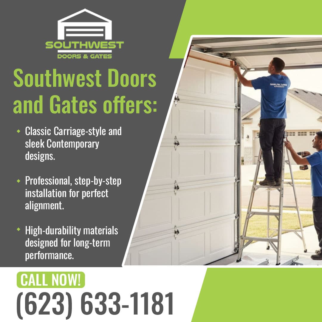 Technicians installing a residential garage door using ladder and tools for proper alignment