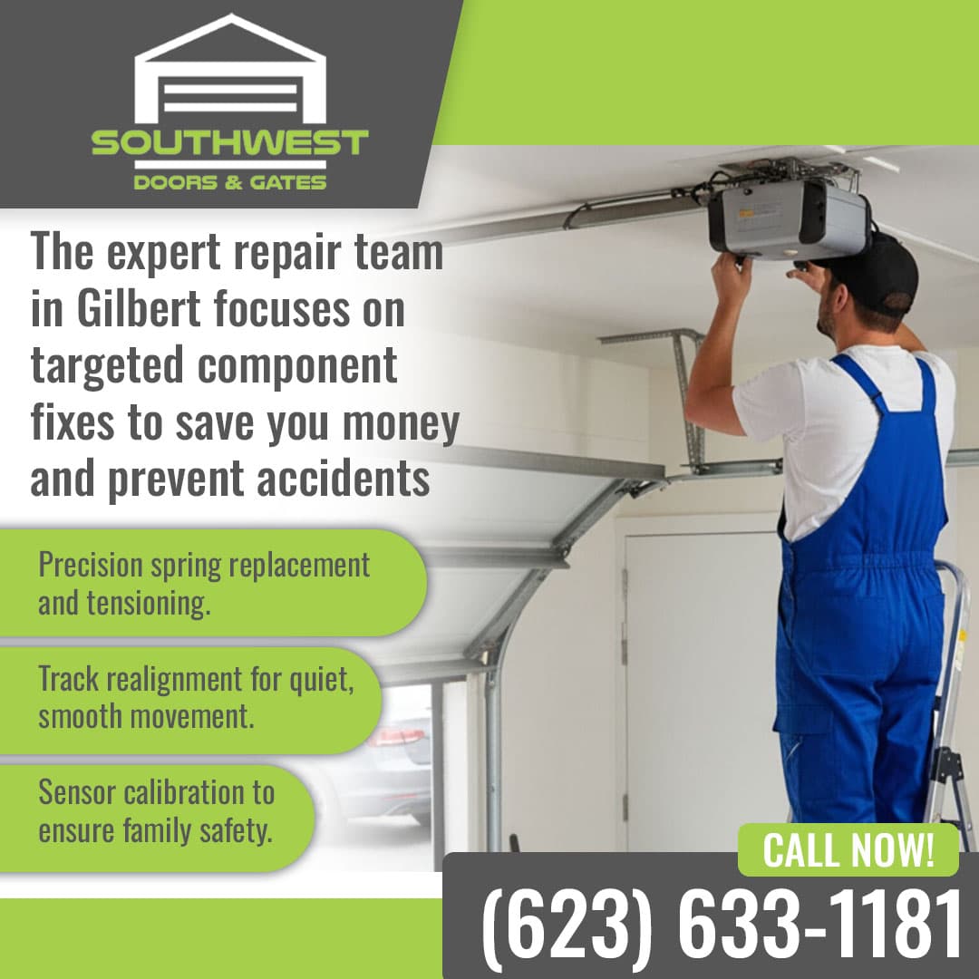 Technician installing and adjusting garage door opener system in residential garage