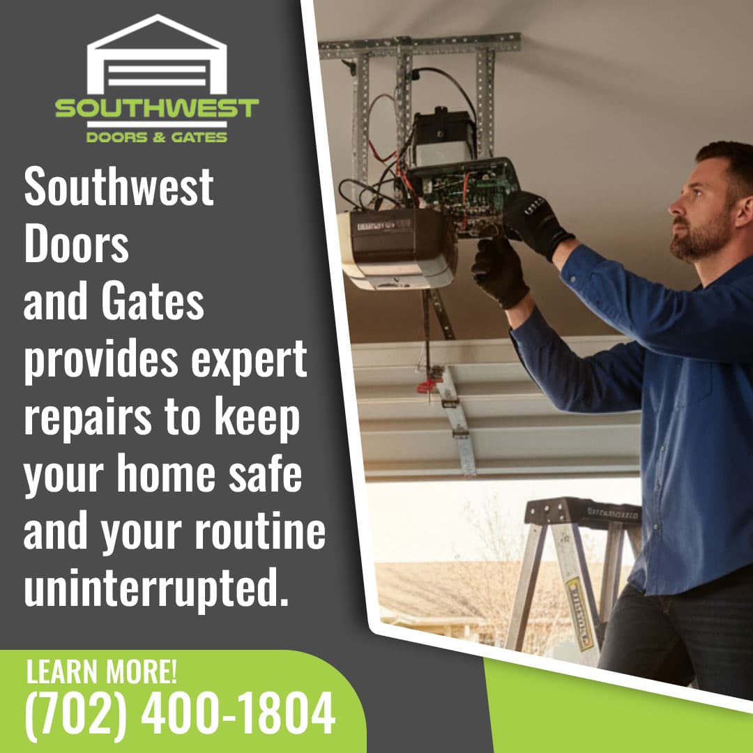 Technician repairing a garage door opener system inside a home garage