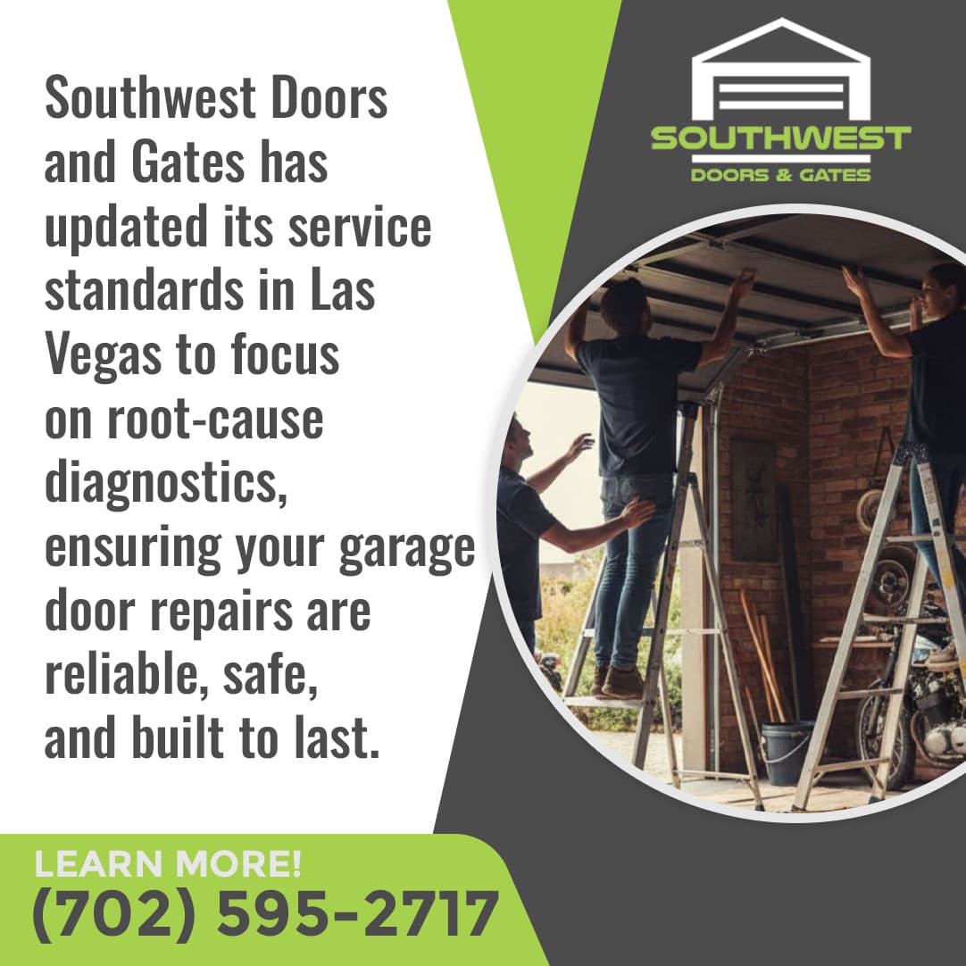 Technicians inspecting and testing a garage door system for safety and performance in a residential setting