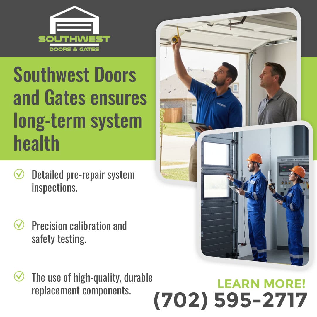 Garage door technicians performing inspection, calibration, and safety testing on a residential and commercial garage door system