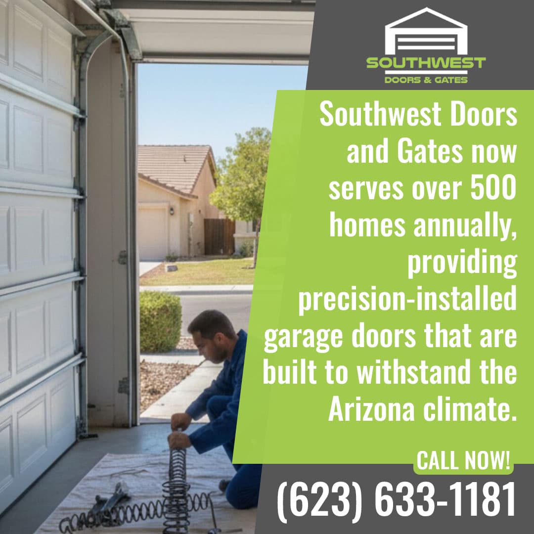 Technician installing garage door spring system inside residential garage