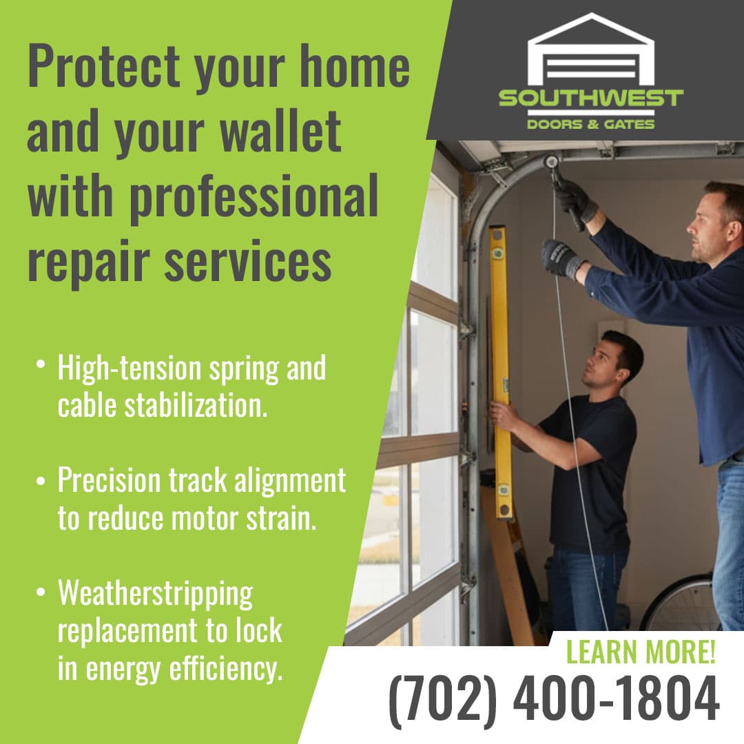 Two technicians repairing a garage door system with tools inside a residential garage