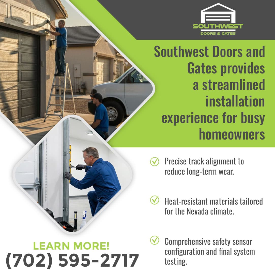 Garage door technicians installing and aligning tracks while setting up a residential garage door system