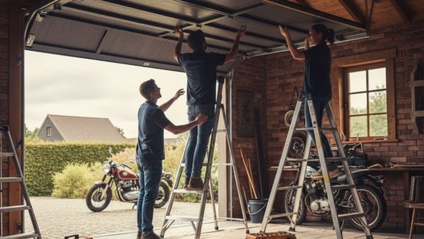 Three workers on ladders installing a garage door inside a residential garage