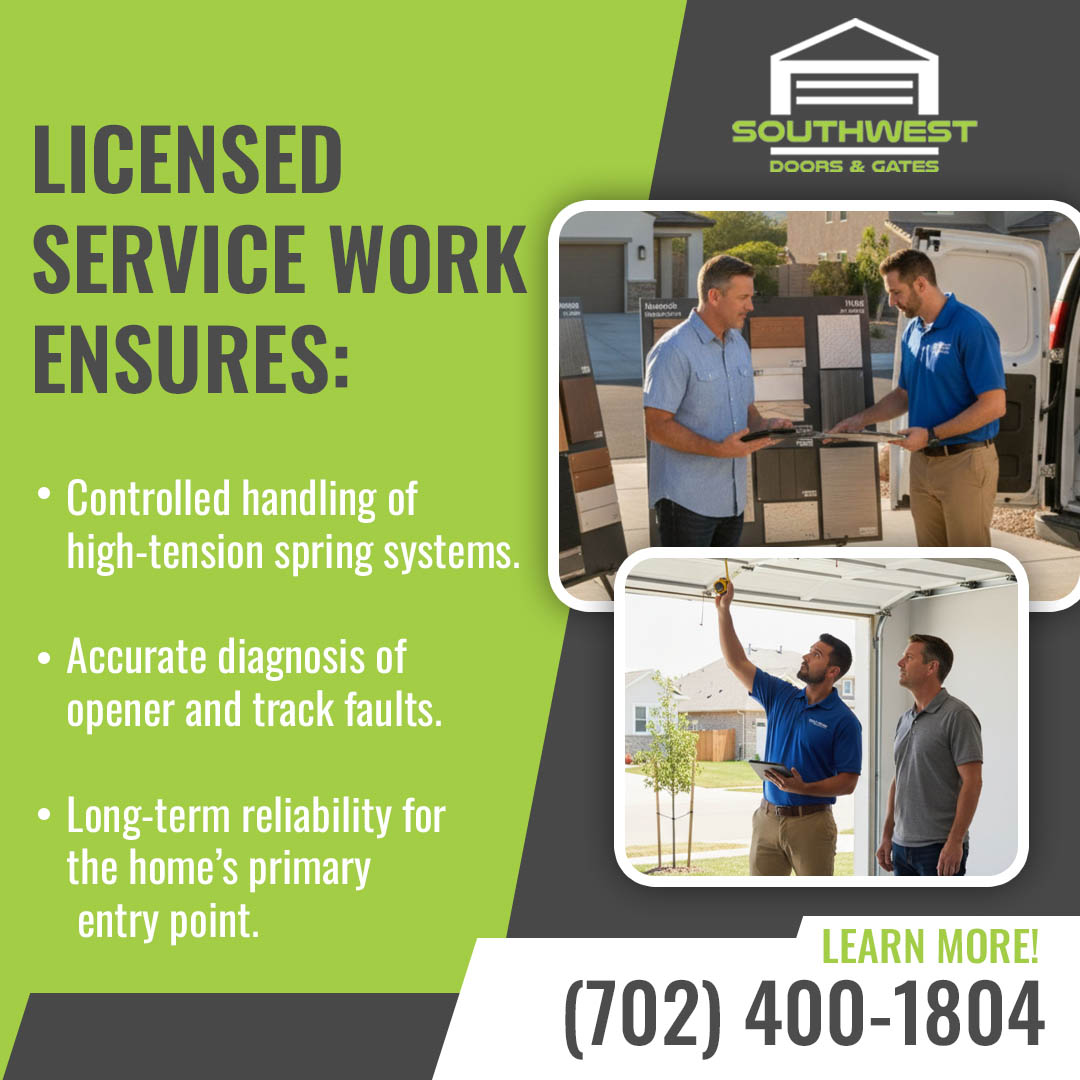 Marketing graphic by Southwest Doors & Gates explaining the benefits of licensed service, featuring photos of a technician showing material samples to a client and a technician diagnosing a garage door opener.