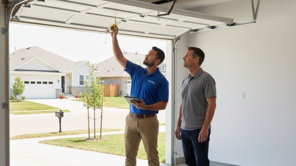 Garage door technician measuring and inspecting an open residential garage door while discussing installation details with a homeowner.