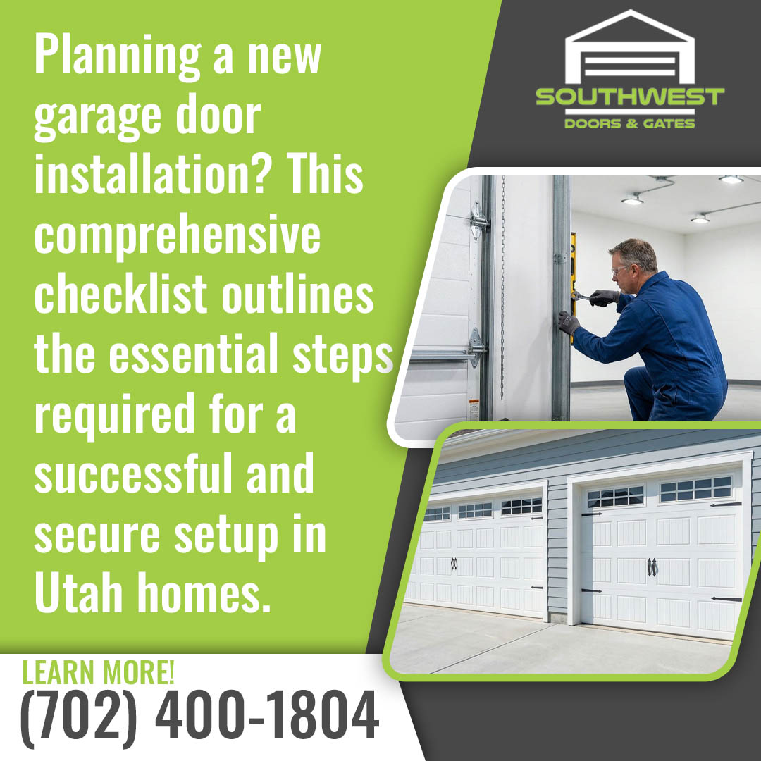 Garage door technician inspecting a new garage door installation with modern white garage doors displayed for Utah homes.