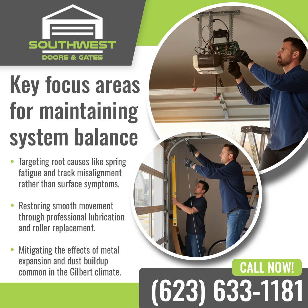 Garage door technicians performing spring adjustment and system balance maintenance in a residential garage